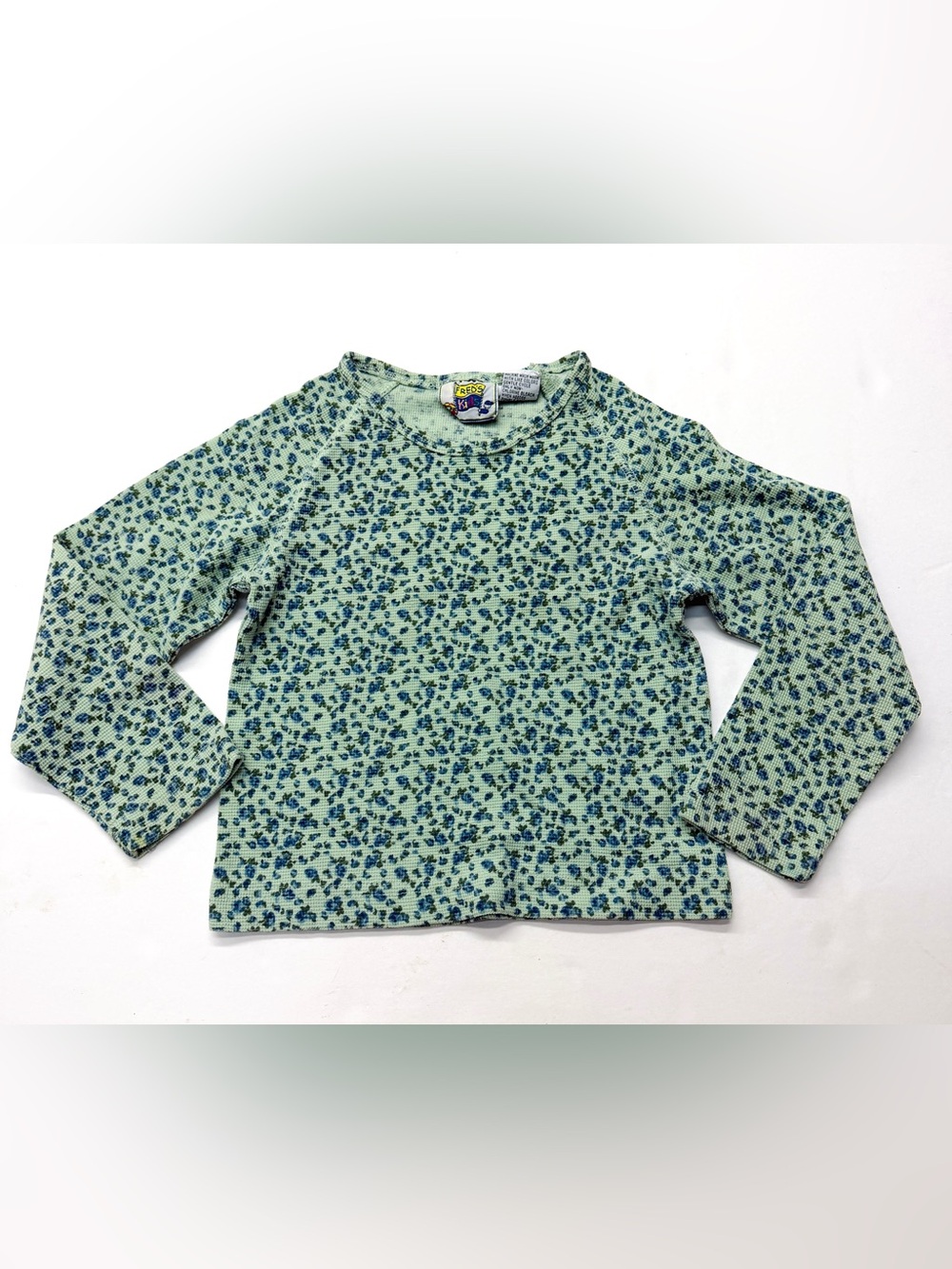 Vintage 90s Fred’s Kids Green Floral Thermal Waffle Knit Long Sleeve Top Tee
